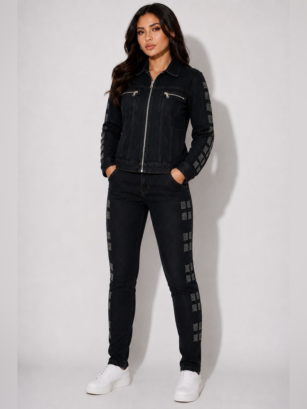 Blue Topic Women’s Black Denim Jacket & Jeans Set Studded Y2K (read description)